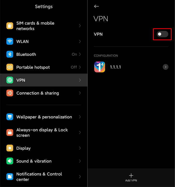 Turning off VPN through Settings on Android